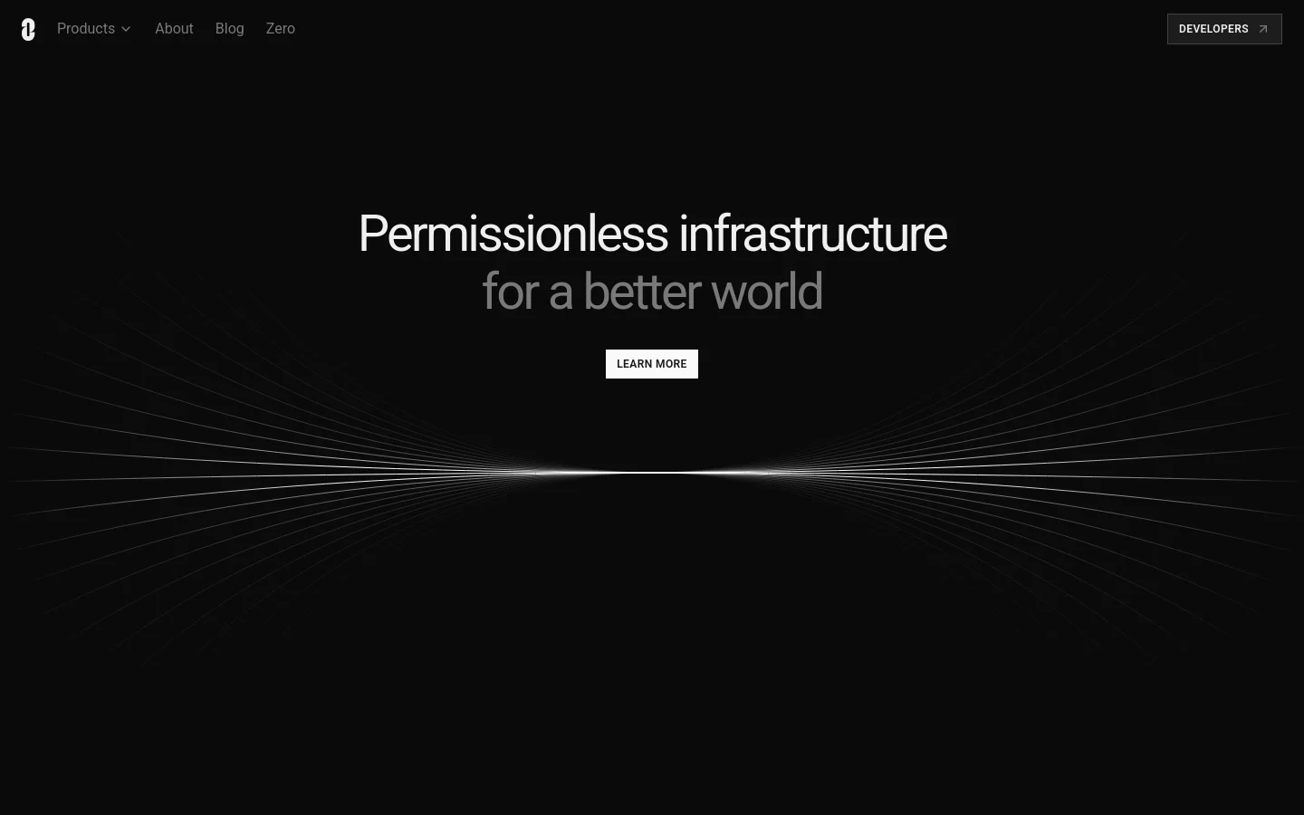 The desktop homepage features a dark, minimalist design with a central headline reading 'Permissionless infrastructure for a better world' in white text. A white 'LEARN MORE' button sits below the text, set against a background of radiating white lines that converge at a central point. A top navigation bar includes the LayerZero logo, 'Products', 'About', 'Blog', 'Zero', and a 'DEVELOPERS' button.