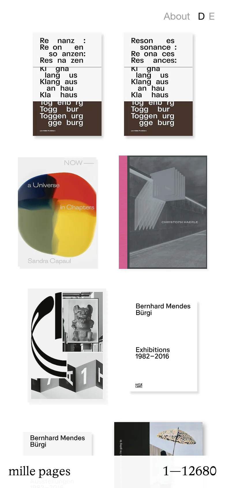 The mobile version presents a single-column vertical scroll of the same book covers and project images seen on desktop. The grid layout is simplified into a large, stacked list to fit the narrow screen, maintaining the minimalist aesthetic and high-contrast imagery.
