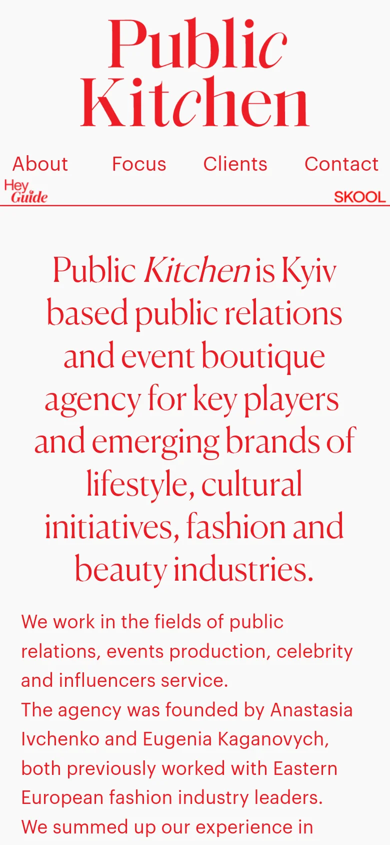 The mobile version uses a stacked vertical layout with a large red 'Public Kitchen' logo at the top. Navigation links are arranged in a grid below the logo, followed by the main agency description in large red text, optimizing readability for smaller screens.