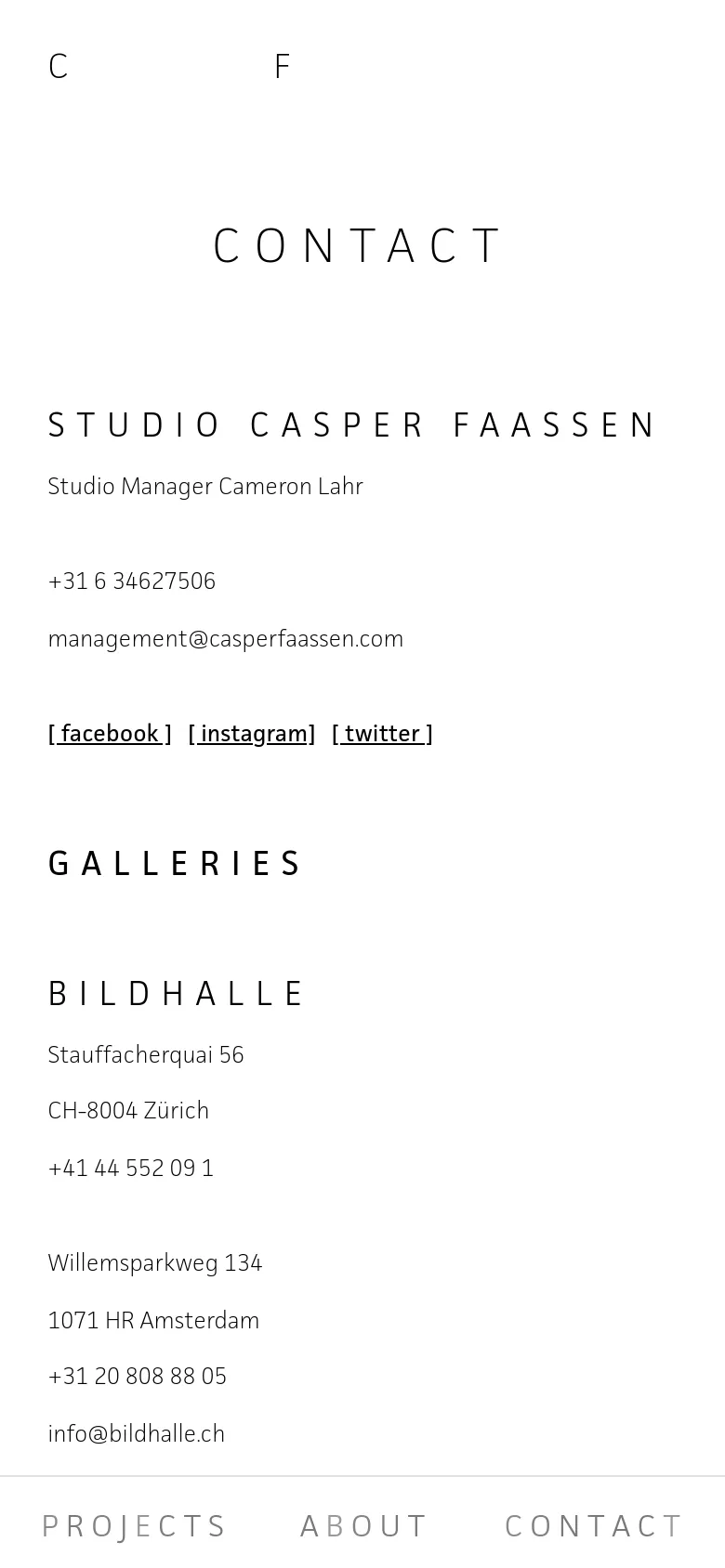 The mobile version maintains the minimalist white and black aesthetic but uses a single-column vertical layout for easier scrolling. The text is centered, and the navigation menu at the bottom is simplified to 'PROJECTS', 'ABOUT', and 'CONTACT'.