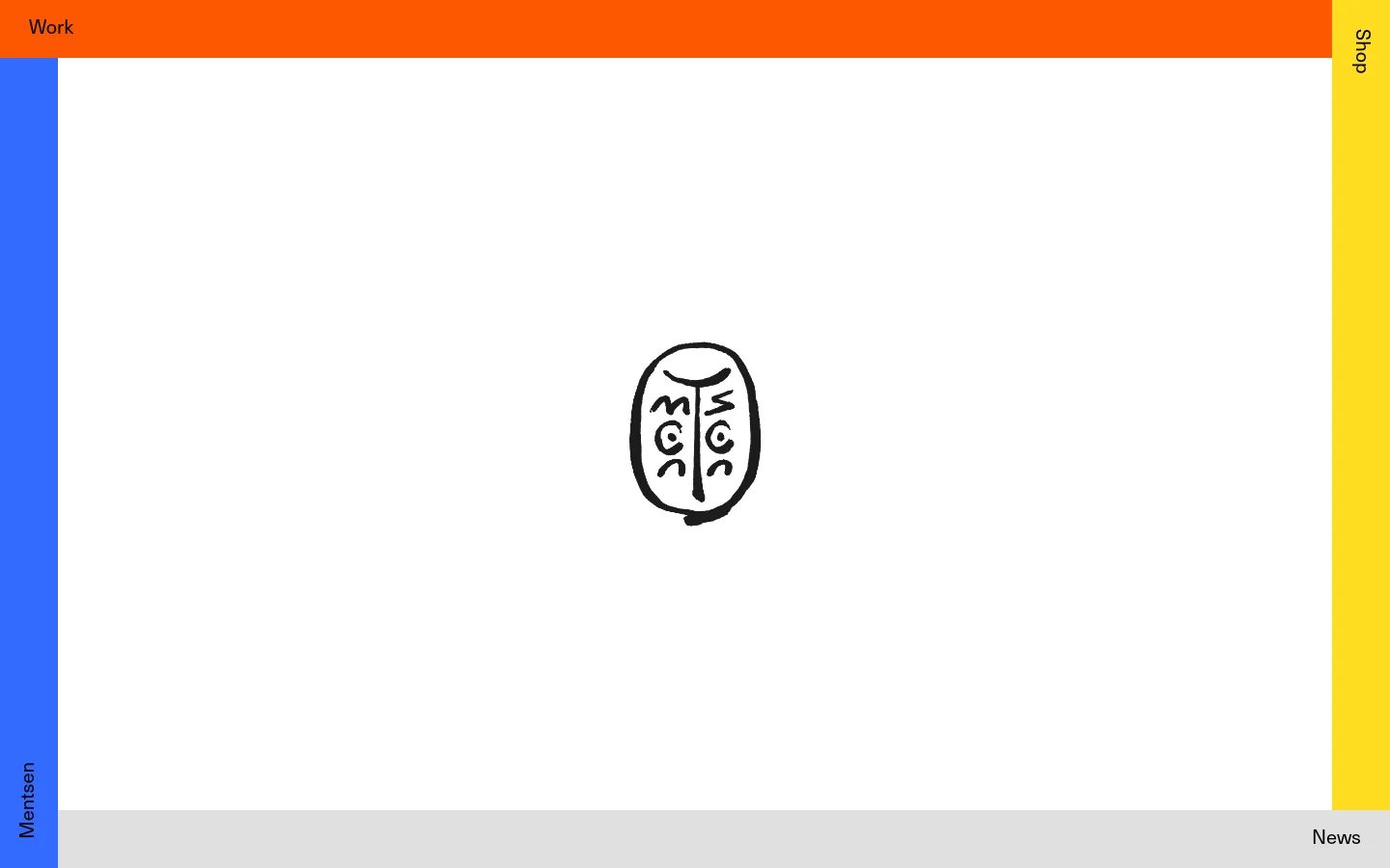The desktop homepage features a minimalist design with a large white central area containing a black hand-drawn oval logo. The page is framed by thick colored borders: orange at the top, blue on the left, yellow on the right, and light grey at the bottom. Navigation links 'Work', 'Shop', 'Mentsen', and 'News' are placed within these colored borders.