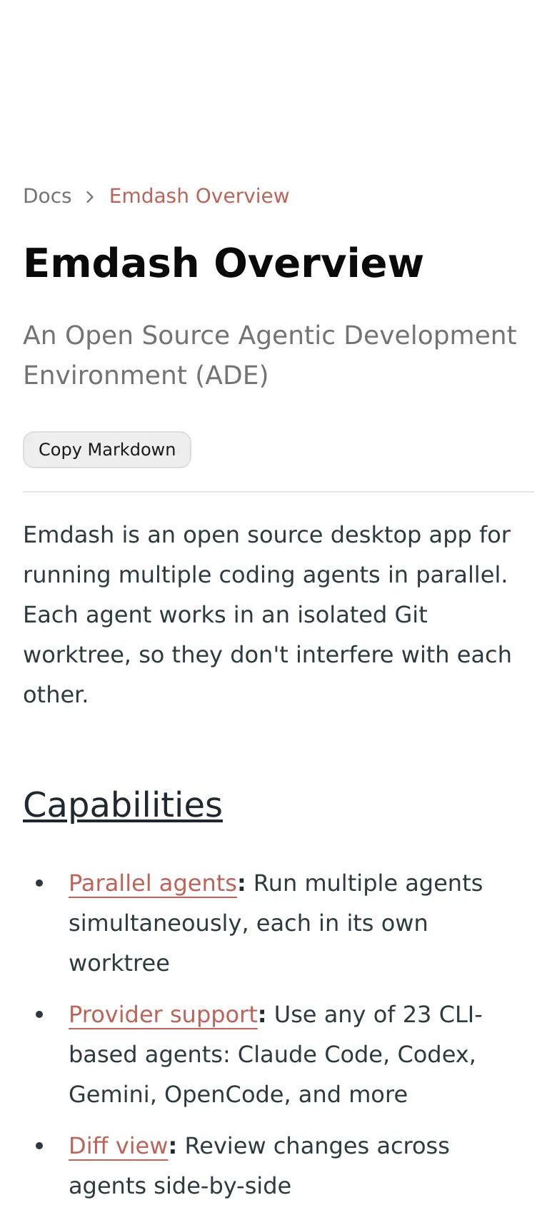 The mobile version simplifies the layout by removing the left and right sidebars to focus on the main content. The 'Emdash Overview' headline and description are centered at the top, followed by the 'Capabilities' section with its bulleted list, providing a single-column scrolling experience optimized for smaller screens.