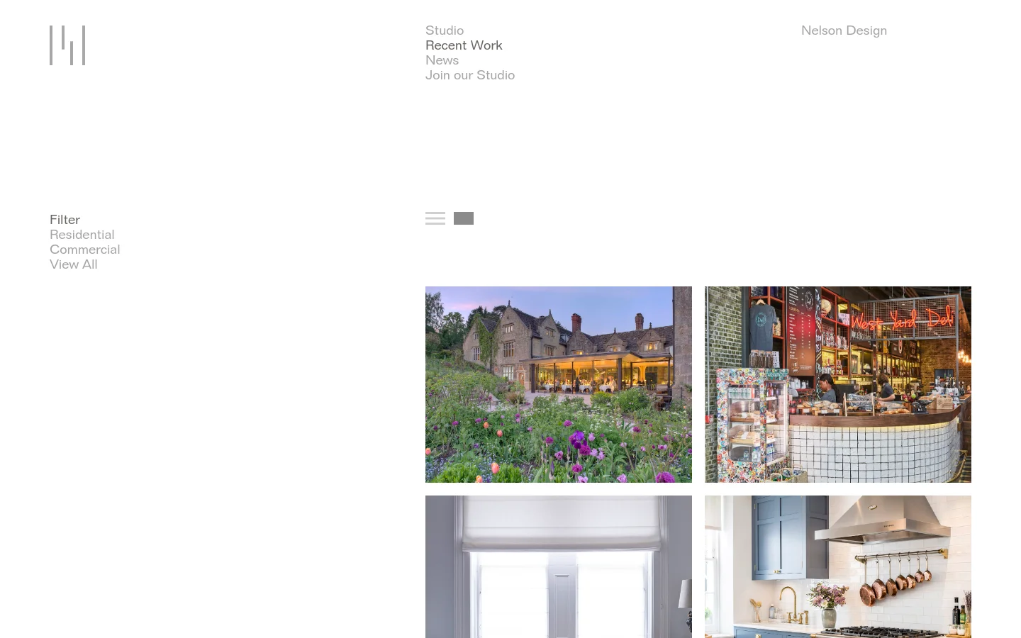 The Nelson Design homepage features a minimalist white background with a clean navigation menu at the top. A grid of large, high-quality architectural project images showcases various residential and commercial works, each accompanied by a title and brief description. Users can filter the portfolio by 'Residential', 'Commercial', or 'View All' using text links above the image grid.