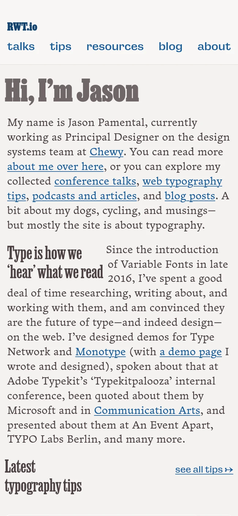 The mobile version simplifies the layout into a single vertical column, stacking the navigation links and the large 'Hi, I’m Jason' headline above the main text. The multi-column text layout from the desktop version is replaced by a linear flow, and the typography tips section transitions to a vertical stack of images and text.