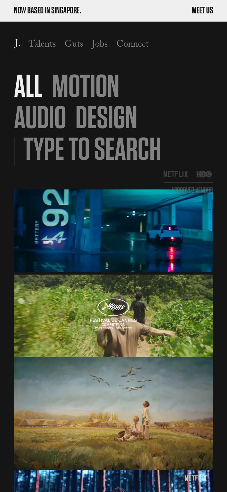 The mobile version maintains the dark theme and bold typography but transitions to a single-column vertical layout. The navigation links are condensed, and the project grid displays large, full-width imagery that users scroll through vertically to view different film and TV titles.