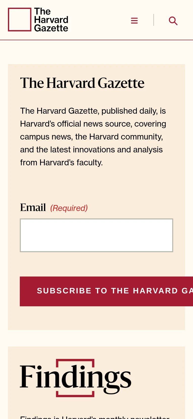 The mobile version simplifies the layout, replacing the full navigation bar with a hamburger menu icon and a search icon. The subscription section remains prominent with the beige box, a single email input field, and a large red call-to-action button that spans the width of the container.