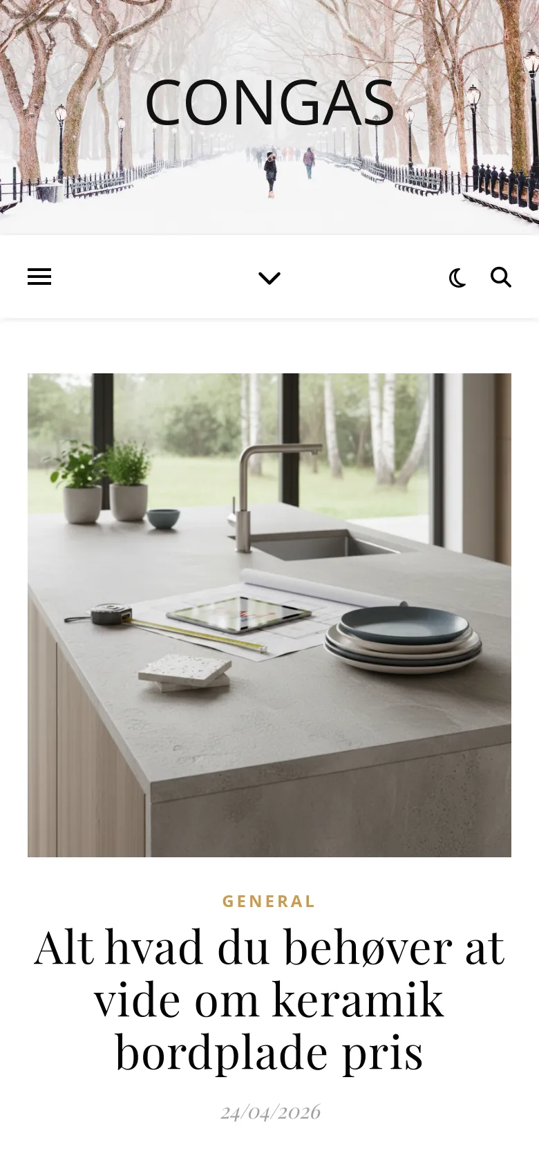 The mobile version shows a vertically stacked layout with the snowy park hero image at the top, followed by a condensed navigation bar with a hamburger menu and search icon. The main article content, including the kitchen countertop image and the headline, is scaled to fit the narrower screen width.