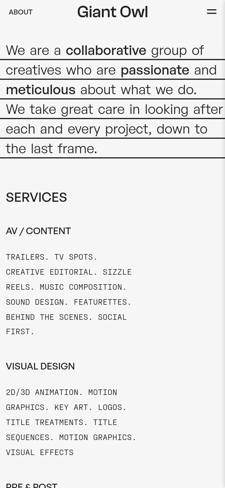 The mobile version maintains the minimalist white and black aesthetic but uses a stacked layout for the large typography to fit the narrow screen. The top navigation is condensed into a hamburger menu icon next to the 'Giant Owl' logo, and the 'Services' section follows below the main text.