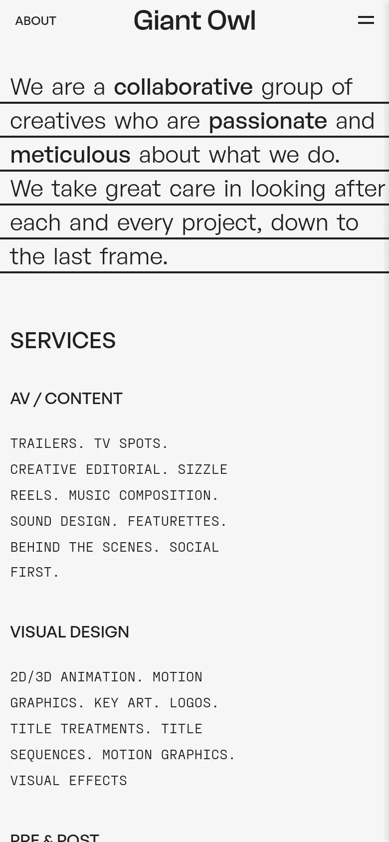 The mobile version maintains the minimalist white and black aesthetic but uses a stacked layout for the large typography to fit the narrow screen. The top navigation is condensed into a hamburger menu icon next to the 'Giant Owl' logo, and the 'Services' section follows below the main text.