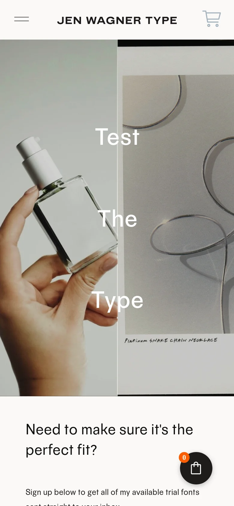 The mobile version simplifies the layout with a hamburger menu icon on the left, the 'JEN WAGNER TYPE' logo centered, and a shopping cart icon on the right. The hero image remains prominent with the text 'Test The Type' vertically stacked, and a floating black shopping bag icon appears in the bottom right corner.