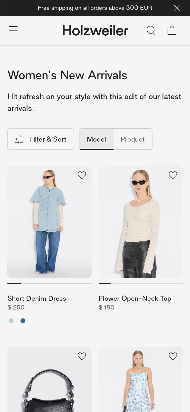The mobile version presents a simplified vertical layout with a condensed header containing a hamburger menu, search icon, and shopping bag. The product grid shifts to a single or double column format to fit the narrow screen, emphasizing larger product imagery and a prominent 'Filter & Sort' button.