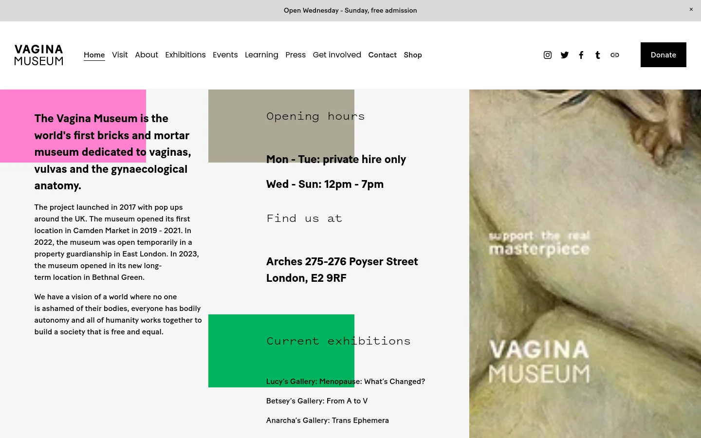 The Vagina Museum homepage features a split-screen layout with a pink text block on the left and a large, vertical classical painting of a woman's torso on the right. The center contains beige sections detailing opening hours, location, and current exhibitions, with a black 'Donate' button in the top navigation bar.