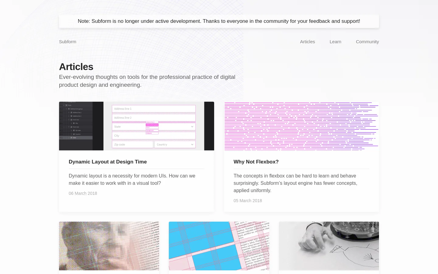 The desktop view shows a clean, minimalist article index with a white and light gray background. A large 'Articles' headline is followed by a subheadline, and below it, articles are arranged in a multi-column grid of cards, each containing a thumbnail image, a bold title, a short summary, and a date.