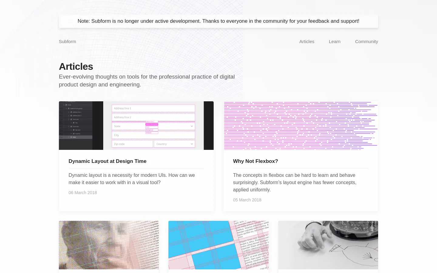 The desktop view shows a clean, minimalist article index with a white and light gray background. A large 'Articles' headline is followed by a subheadline, and below it, articles are arranged in a multi-column grid of cards, each containing a thumbnail image, a bold title, a short summary, and a date.