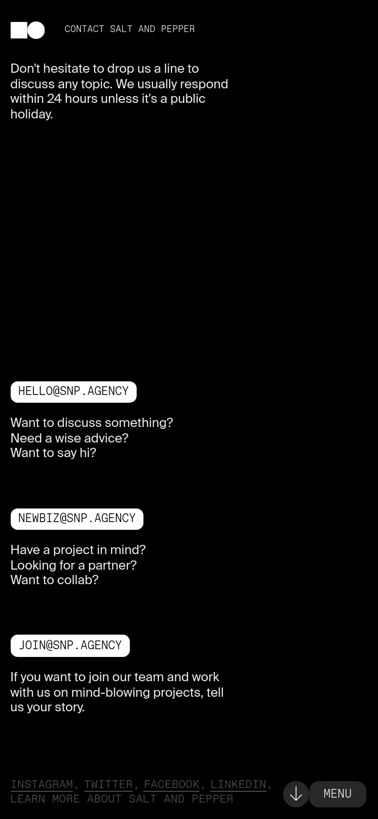 The mobile version maintains the dark minimalist aesthetic but transitions to a single-column vertical layout. The text is centered or left-aligned for easier reading on small screens, and the navigation menu is condensed into a bottom-fixed bar with a 'MENU' button.