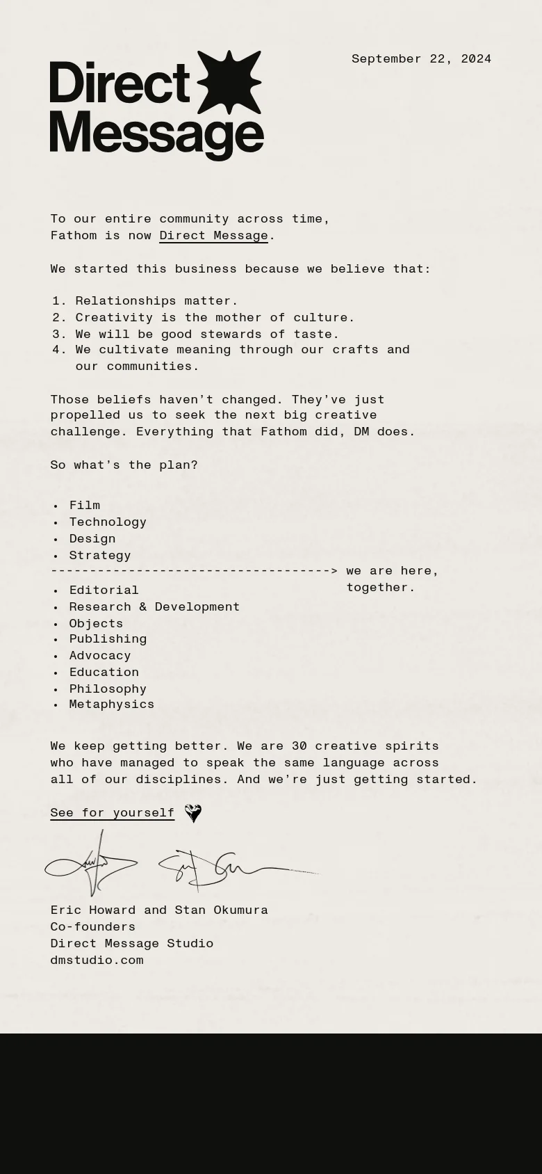 The mobile version maintains the minimalist, text-heavy design of the desktop version on a light cream background. The layout is vertically stacked to fit a narrow screen, presenting the 'Direct Message' logo, the announcement letter, and the lists of services in a single column for easy scrolling.