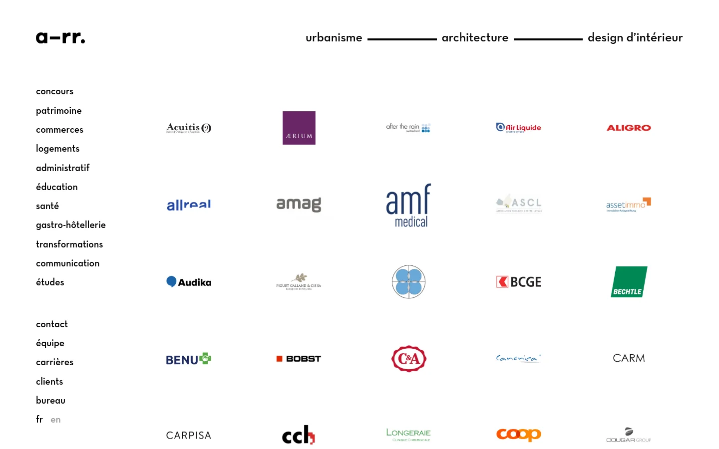 The Clients page features a minimalist white layout with a black logo and navigation menu at the top. A grid of various client logos, including Acuitis, Aerium, and Air Liquide, is displayed in rows across the center of the page. A vertical sidebar on the left provides category filters such as patrimoine, commerces, and santé.