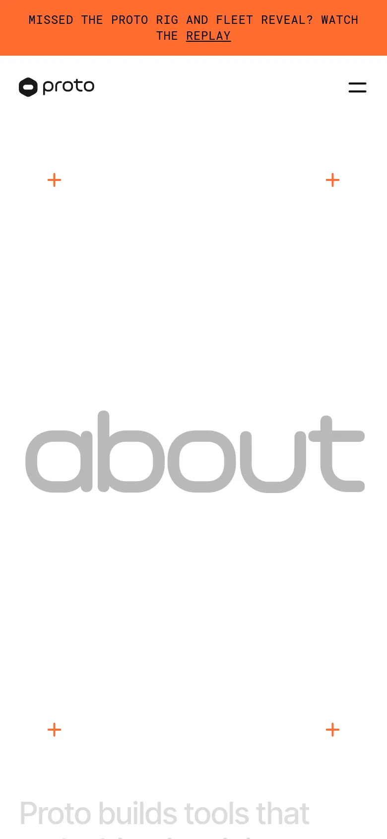 The mobile version presents a simplified layout with the Proto logo and a hamburger menu icon at the top. The large gray 'about' text remains the central focus, flanked by orange plus icons, while the orange announcement banner is positioned at the top of the screen.