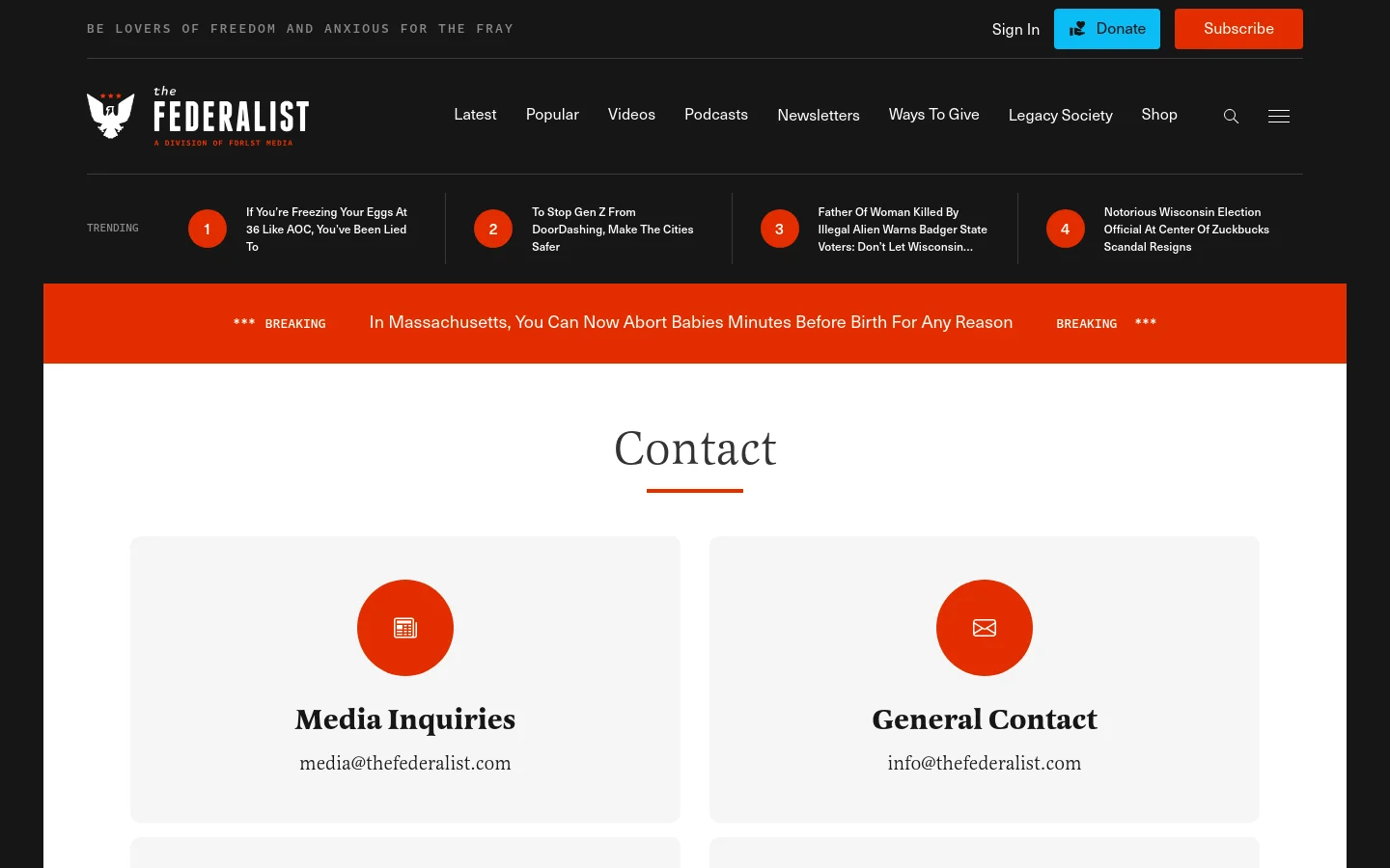 The desktop Contact page features a clean white background with a dark header containing the Federalist logo, navigation links, and a red 'Subscribe' button. The main content displays 'Contact' as a large centered headline, followed by a grid of light gray cards containing contact categories like Media Inquiries and General Contact, each with a circular orange icon and email address.
