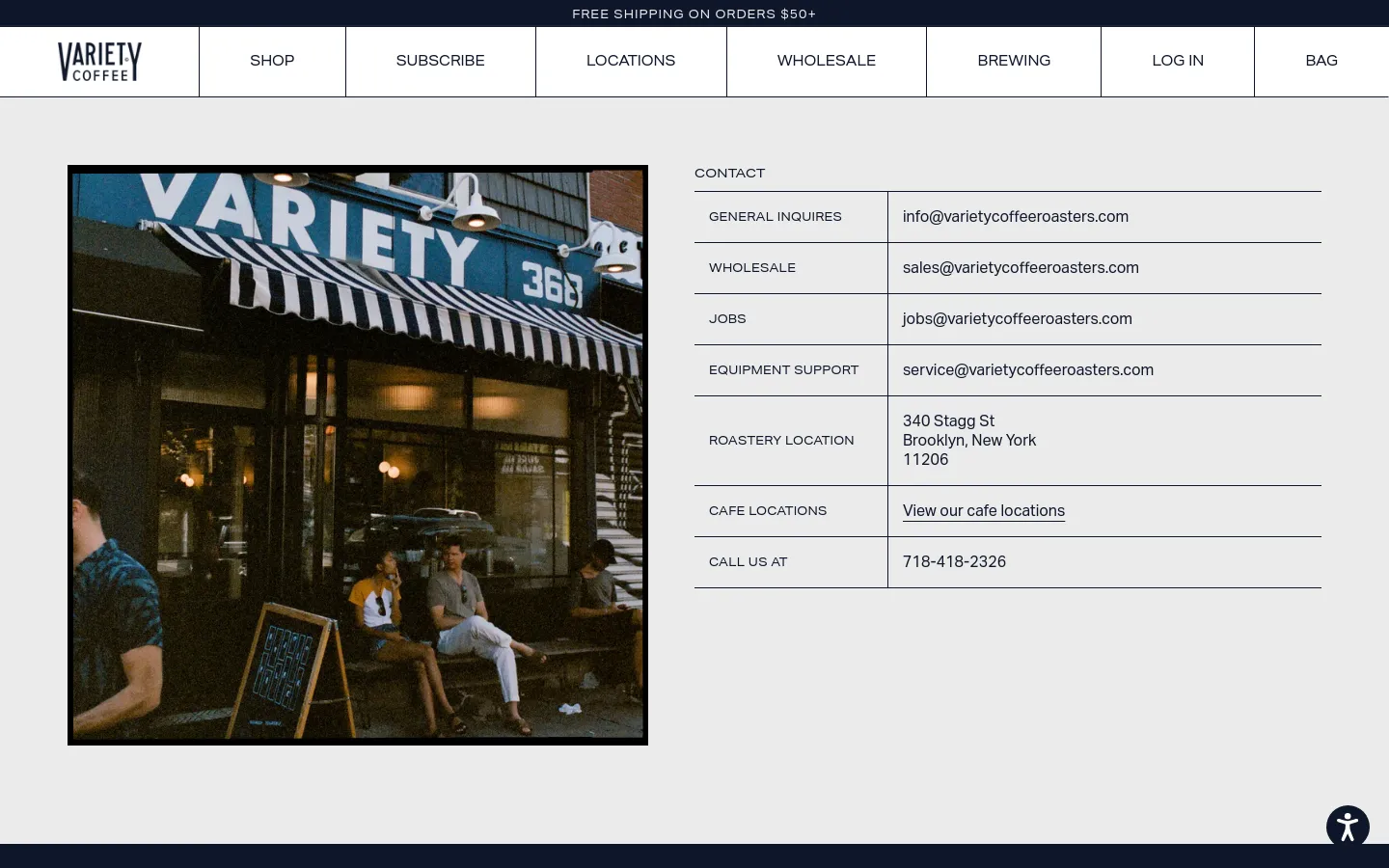 Variety Coffee contact page featuring a split-screen layout with a large lifestyle photograph of a cafe storefront on the left. The right side displays contact categories like General Inquiries and Wholesale in a minimalist list format with email addresses, using a neutral cream and black palette with sans-serif typography.
