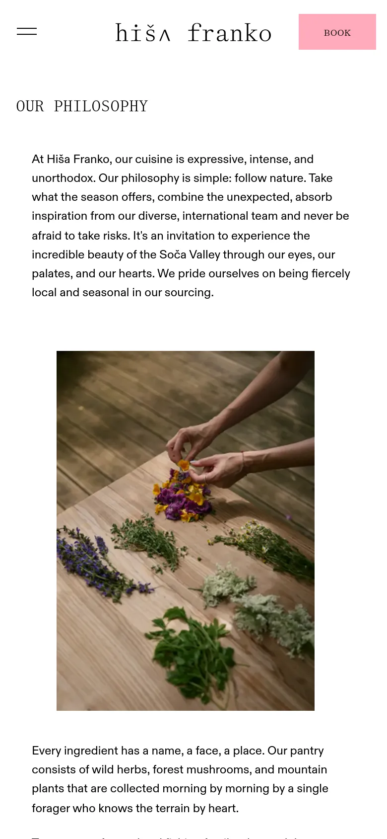 The mobile version uses a single-column vertical layout optimized for small screens. The 'OUR PHILOSOPHY' heading and text appear at the top, followed by the large vertical image of hands with herbs, and then more text below the image. The navigation is condensed into a hamburger menu, and the 'BOOK' button is prominently placed in the header.