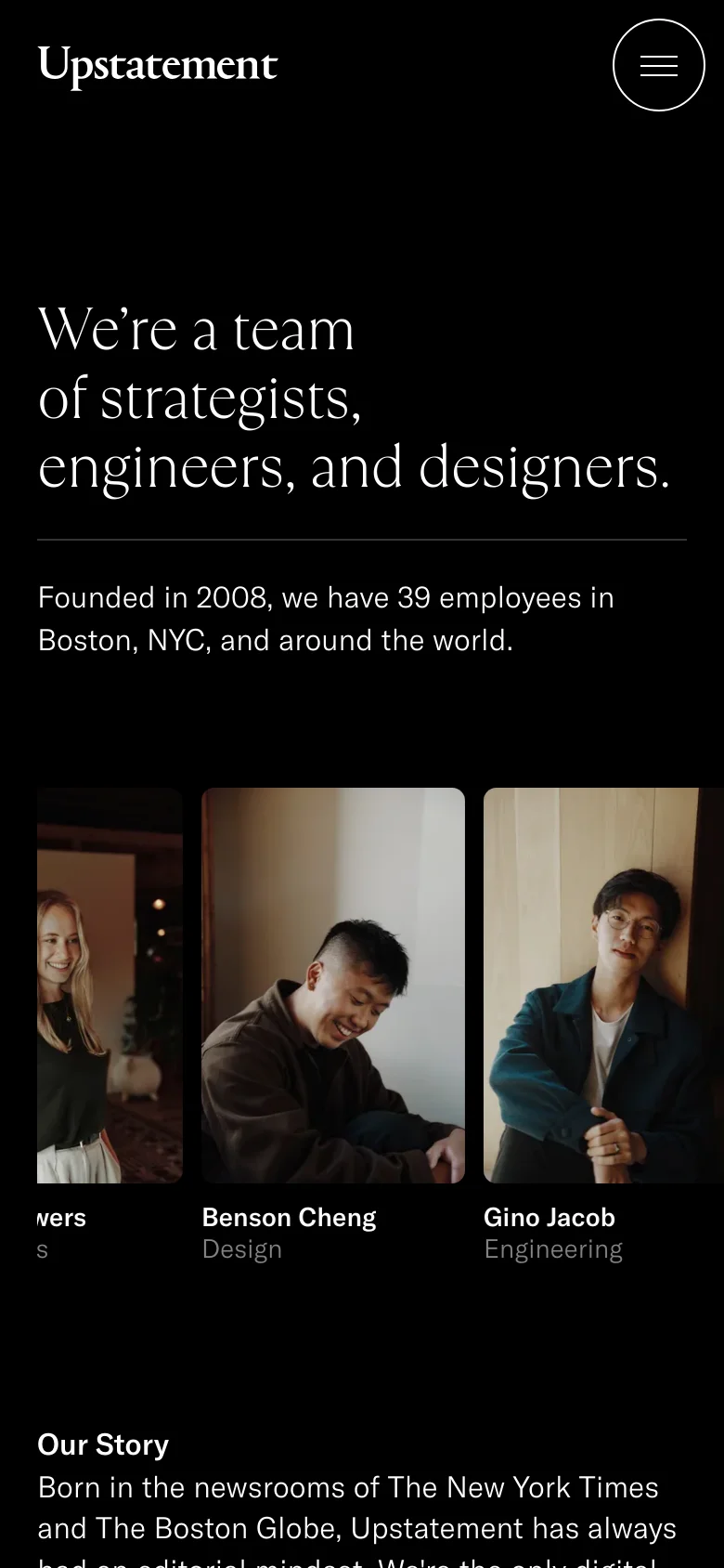 The mobile version uses a vertical layout with a large, centered serif headline against a black background. The navigation is condensed into a hamburger menu in the top right, and the team member photos are stacked vertically in a single column below the introductory text.