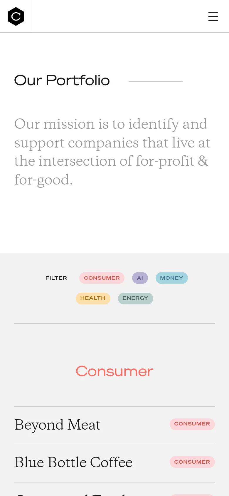 The mobile version maintains the minimalist aesthetic but uses a condensed layout. The navigation menu is collapsed into a hamburger icon at the top right, and the filter buttons are stacked or wrapped to fit the narrower screen width. The company list remains vertically oriented with large text for readability on small screens.