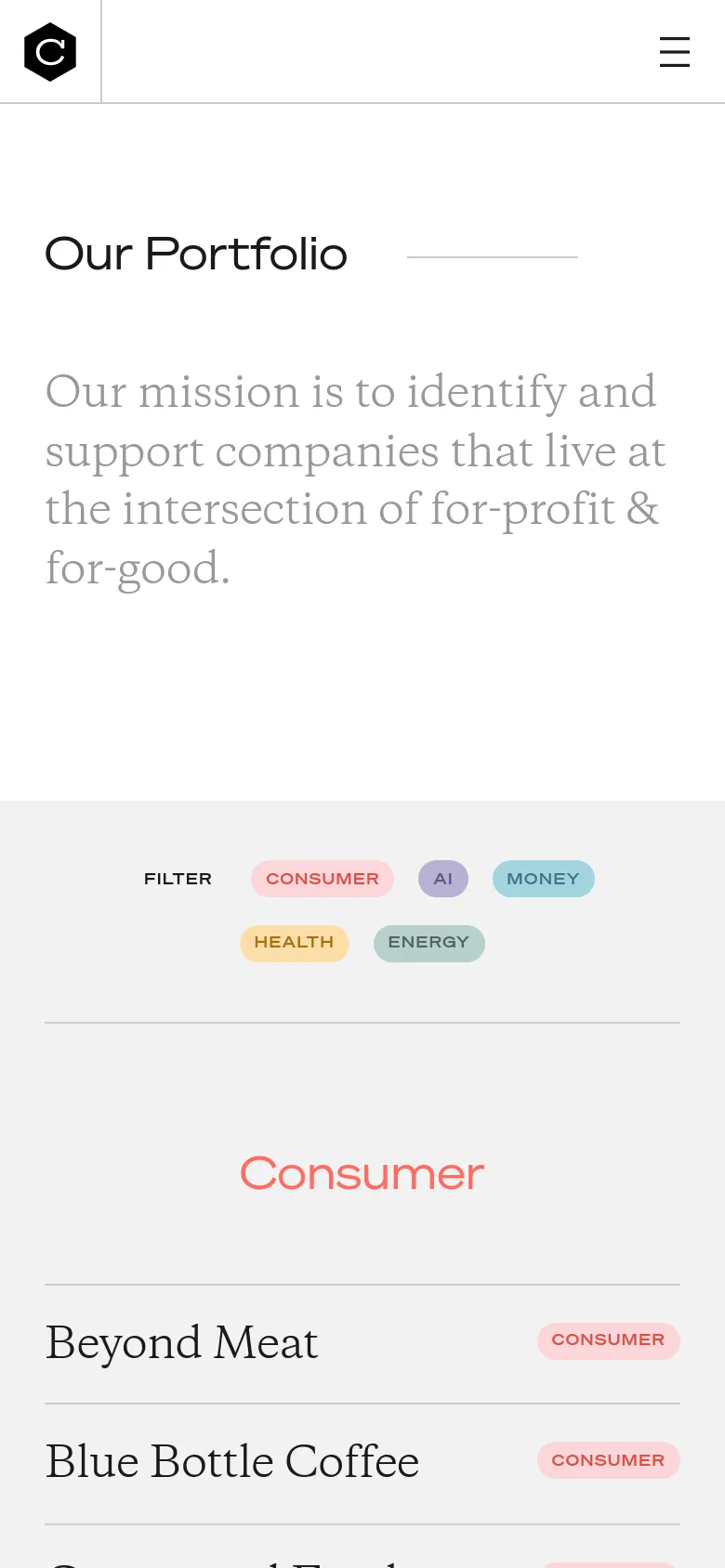The mobile version maintains the minimalist aesthetic but uses a condensed layout. The navigation menu is collapsed into a hamburger icon at the top right, and the filter buttons are stacked or wrapped to fit the narrower screen width. The company list remains vertically oriented with large text for readability on small screens.