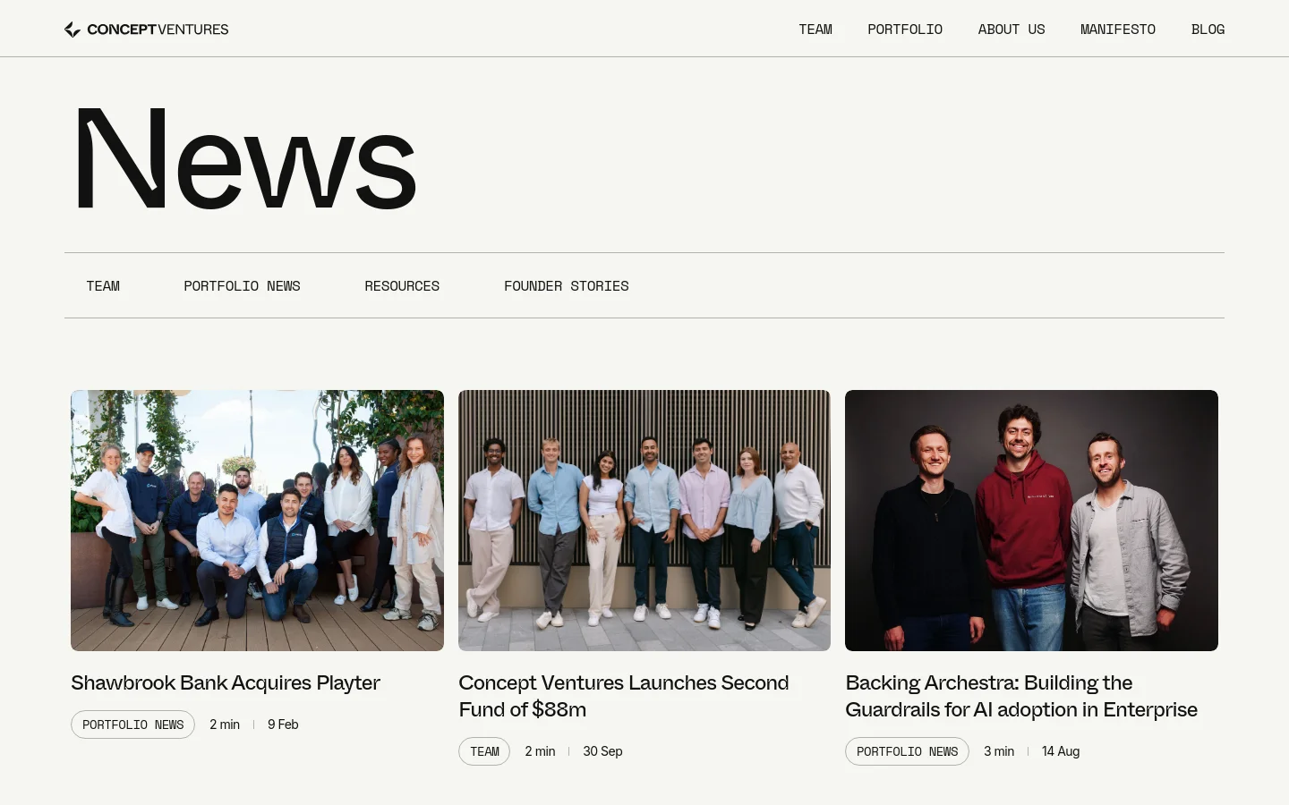 Concept Ventures news page featuring a large black News headline and a minimalist grid layout. Articles include Shawbrook Bank Acquires Playter and Concept Ventures Launches Second Fund of $88m, shown with large photography and clean sans-serif typography on a white background.