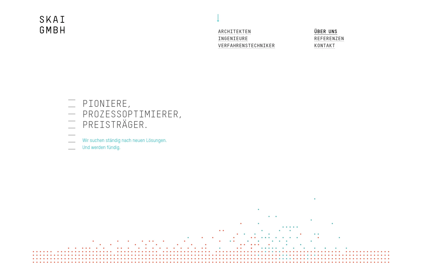 The desktop version features a minimalist design with a white background and black typography. A large headline reads 'PIONIERE, PROZESSOPTIMIERER, PREISTRÄGER' on the left, accompanied by a subheadline in light blue, while the navigation menu is positioned at the top right. The bottom of the hero section is decorated with a pattern of small red and teal dots.