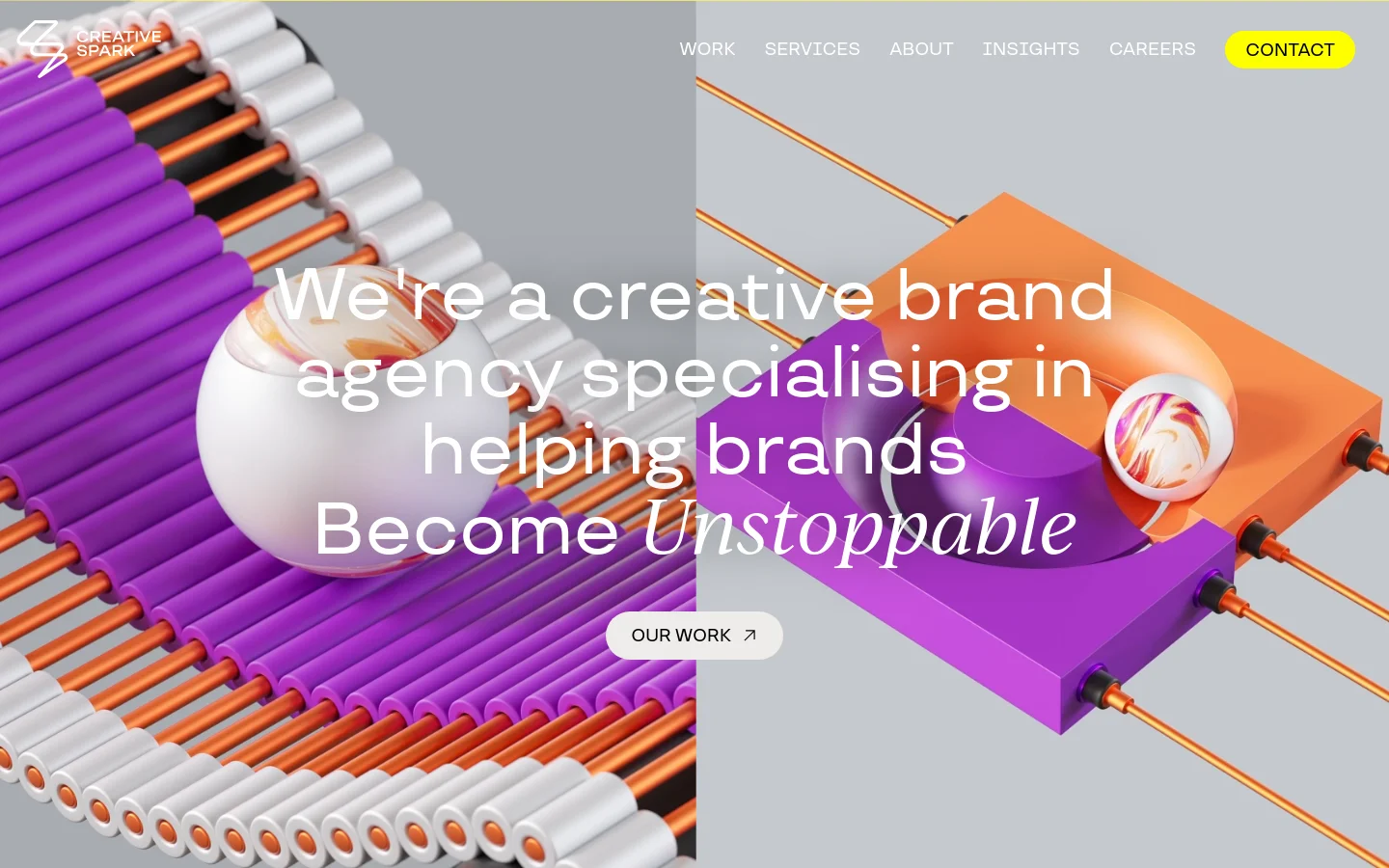 The desktop homepage features a split-screen hero section with a large 3D abstract graphic in purple, orange, and white on the left, and a clean gray background with large white headline text on the right. A navigation menu with links for Work, Services, About, Insights, and Careers sits at the top, alongside a bright yellow 'CONTACT' button. A prominent 'OUR WORK' call-to-action button is centered over the hero imagery.