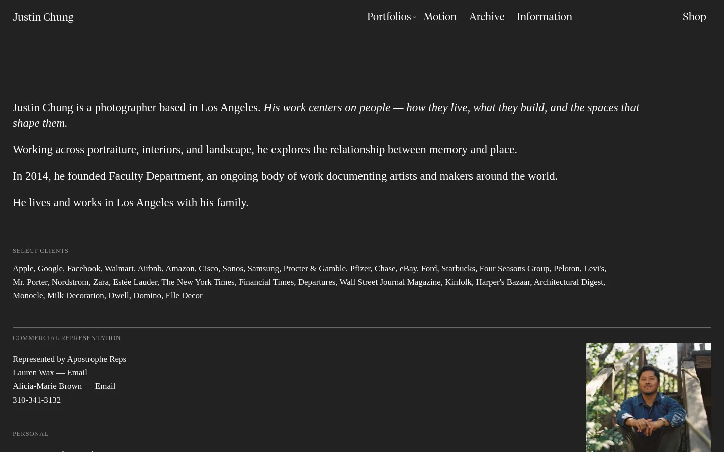 The desktop version features a minimalist dark theme with white serif text on a black background. The layout includes a top navigation bar with links for Portfolios, Motion, Archive, Information, and Shop, while the main body contains a biographical text about photographer Justin Chung and a list of select clients. A small portrait photograph of a man is positioned in the bottom right corner.