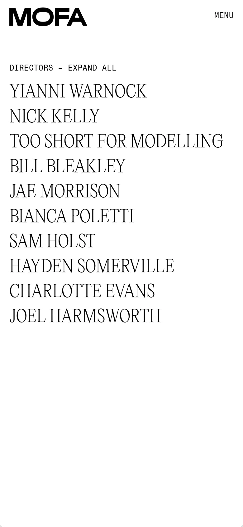 The mobile version maintains the minimalist aesthetic with a white background and black serif typography. The layout is condensed into a single column, featuring a 'MENU' button at the top right and the list of director names stacked vertically.