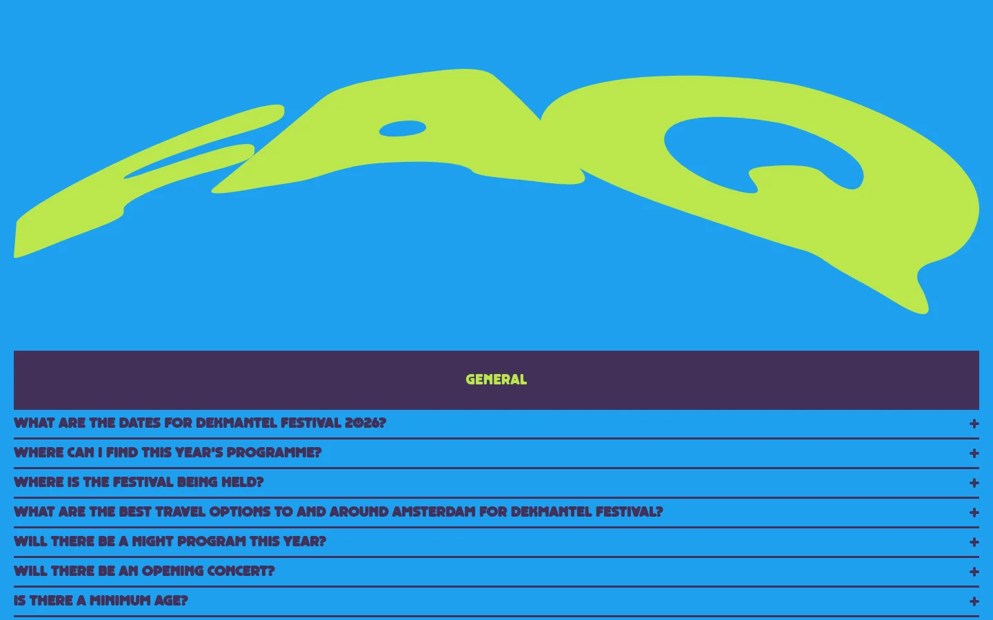 The FAQ page features a bright blue background with a large, stylized lime green 'FAQ' graphic at the top. Below the graphic, a dark purple bar labeled 'GENERAL' sits above a list of accordion-style frequently asked questions in bold blue text. Each question is separated by a thin line and includes a plus icon on the right side.