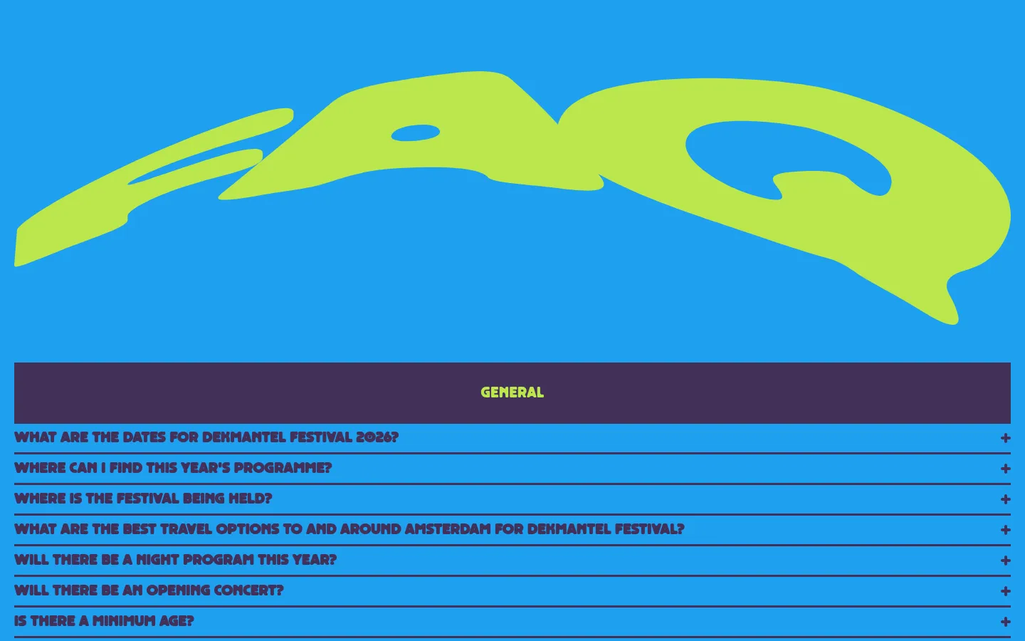 The FAQ page features a bright blue background with a large, stylized lime green 'FAQ' graphic at the top. Below the graphic, a dark purple bar labeled 'GENERAL' sits above a list of accordion-style frequently asked questions in bold blue text. Each question is separated by a thin line and includes a plus icon on the right side.