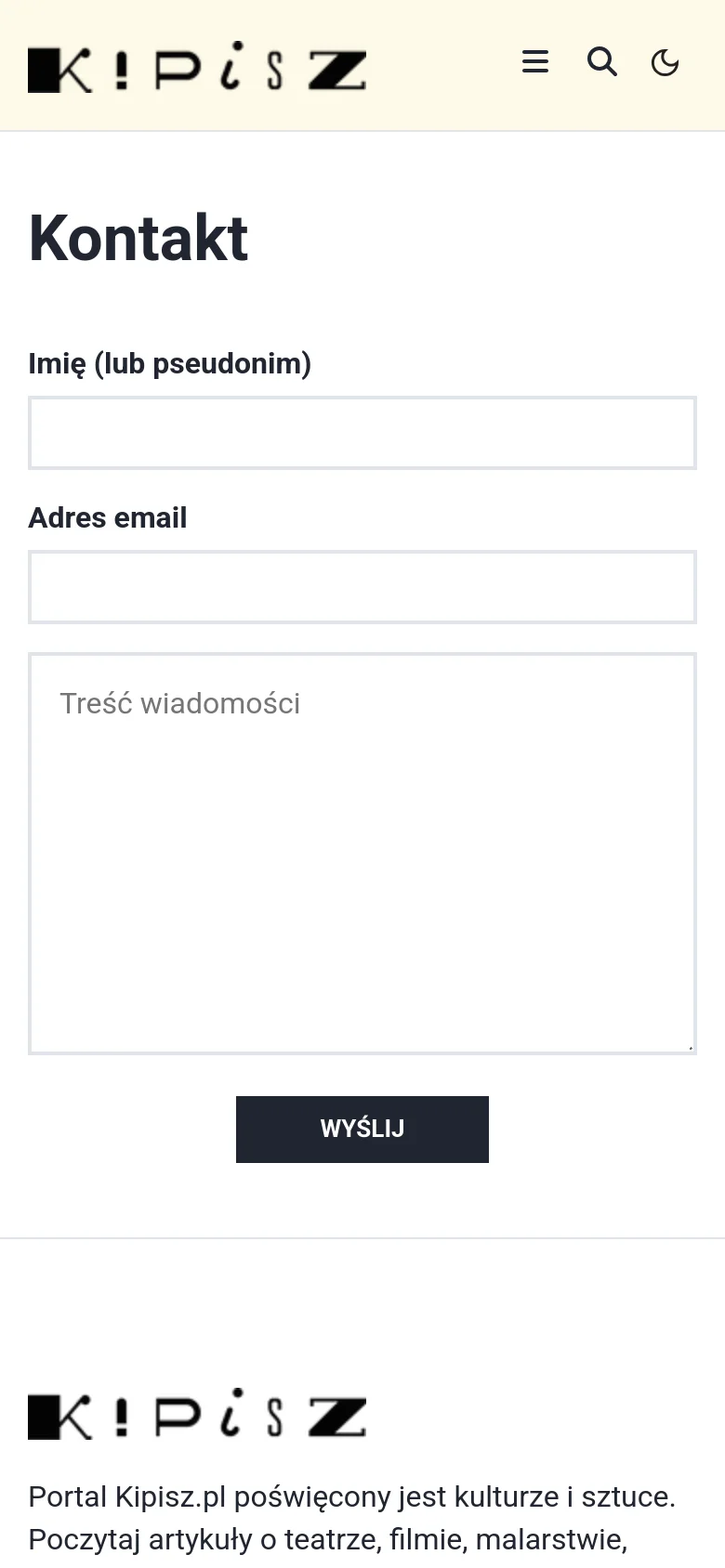 The mobile version simplifies the layout, replacing the horizontal navigation bar with a hamburger menu icon, search, and dark mode toggle. The contact form and 'Kontakt' heading are stacked vertically to fit the narrow screen, and the footer links are arranged in a single-column vertical list for easier scrolling.
