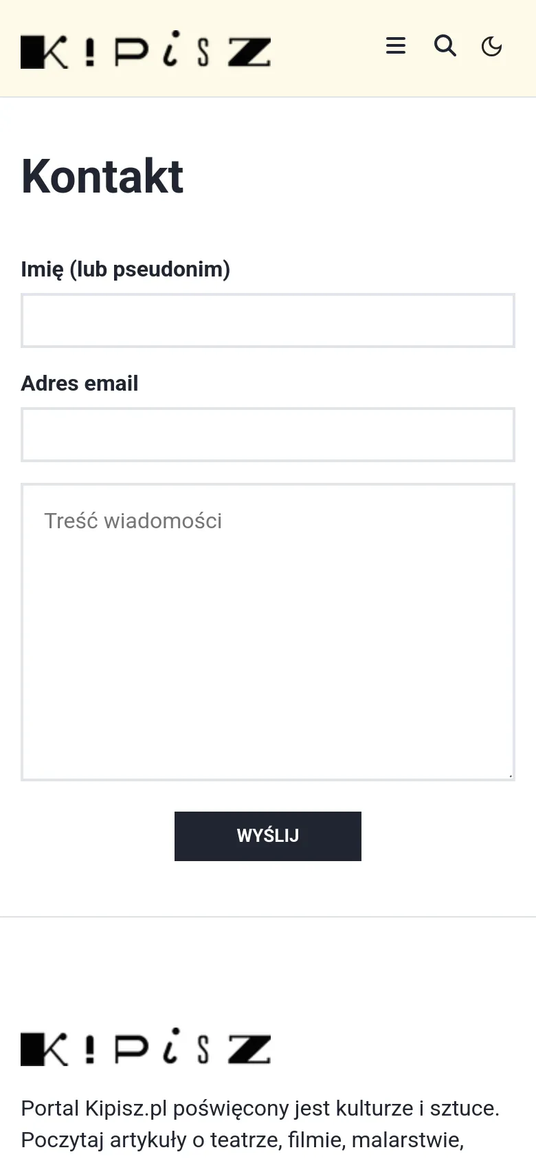 The mobile version simplifies the layout, replacing the horizontal navigation bar with a hamburger menu icon, search, and dark mode toggle. The contact form and 'Kontakt' heading are stacked vertically to fit the narrow screen, and the footer links are arranged in a single-column vertical list for easier scrolling.