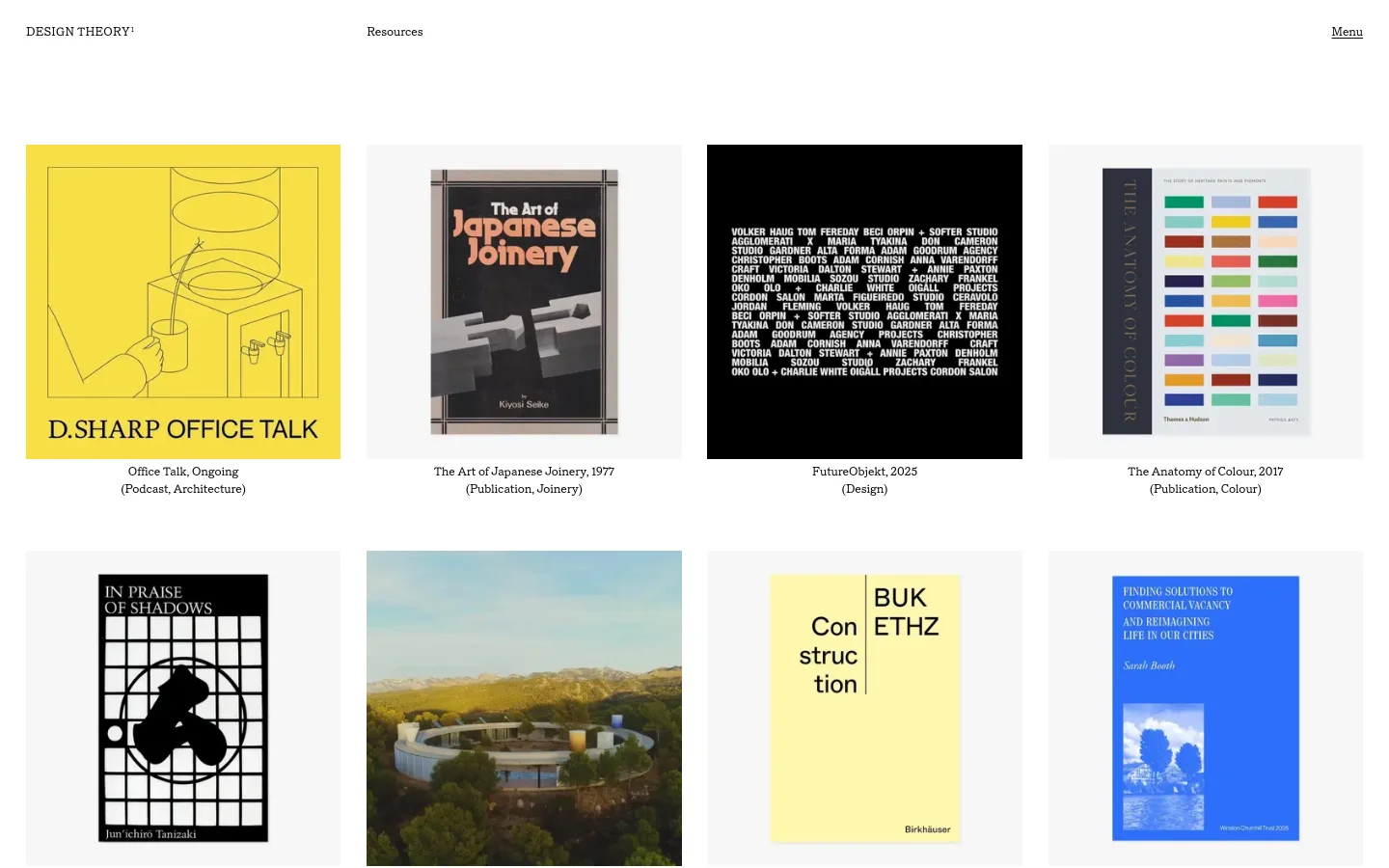Design Theory resources page featuring a minimalist grid of project tiles. The layout displays large square images with bold typography underneath, including titles like Office Talk, The Art of Japanese Joinery, and FutureObjekt. The design uses a high-contrast palette of mustard yellow, black, and white with an editorial aesthetic.