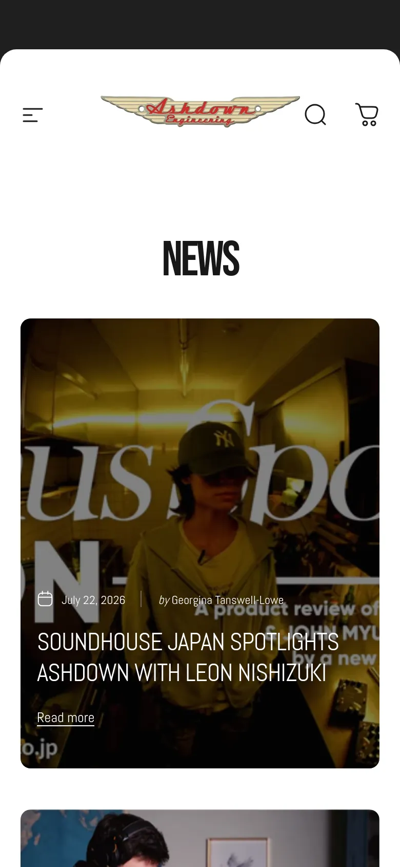 The mobile version displays a simplified vertical layout with a hamburger menu and search icon in the header. The 'NEWS' heading is centered above a single-column stack of blog posts, where each entry features a large image followed by the date, author, headline, and a 'Read more' link.