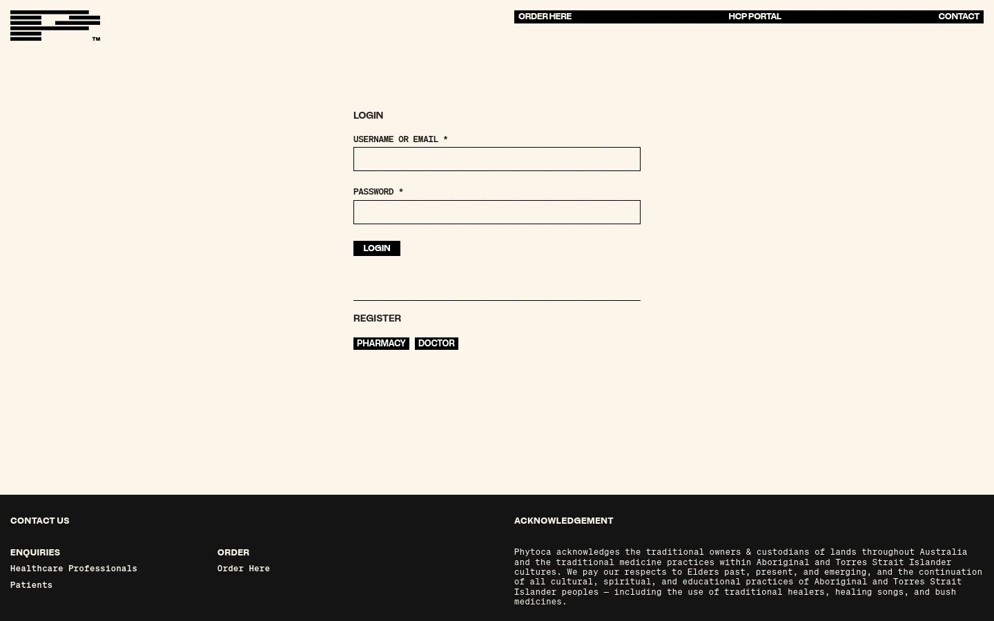The desktop page features a minimalist design with a cream background and black text. A top navigation bar contains the Phytoca logo, 'Order Here', 'HCP Portal', and 'Contact' links. The main content area displays a login form with fields for username or email and password, followed by a 'Login' button and registration buttons for 'Pharmacy' and 'Doctor'.
