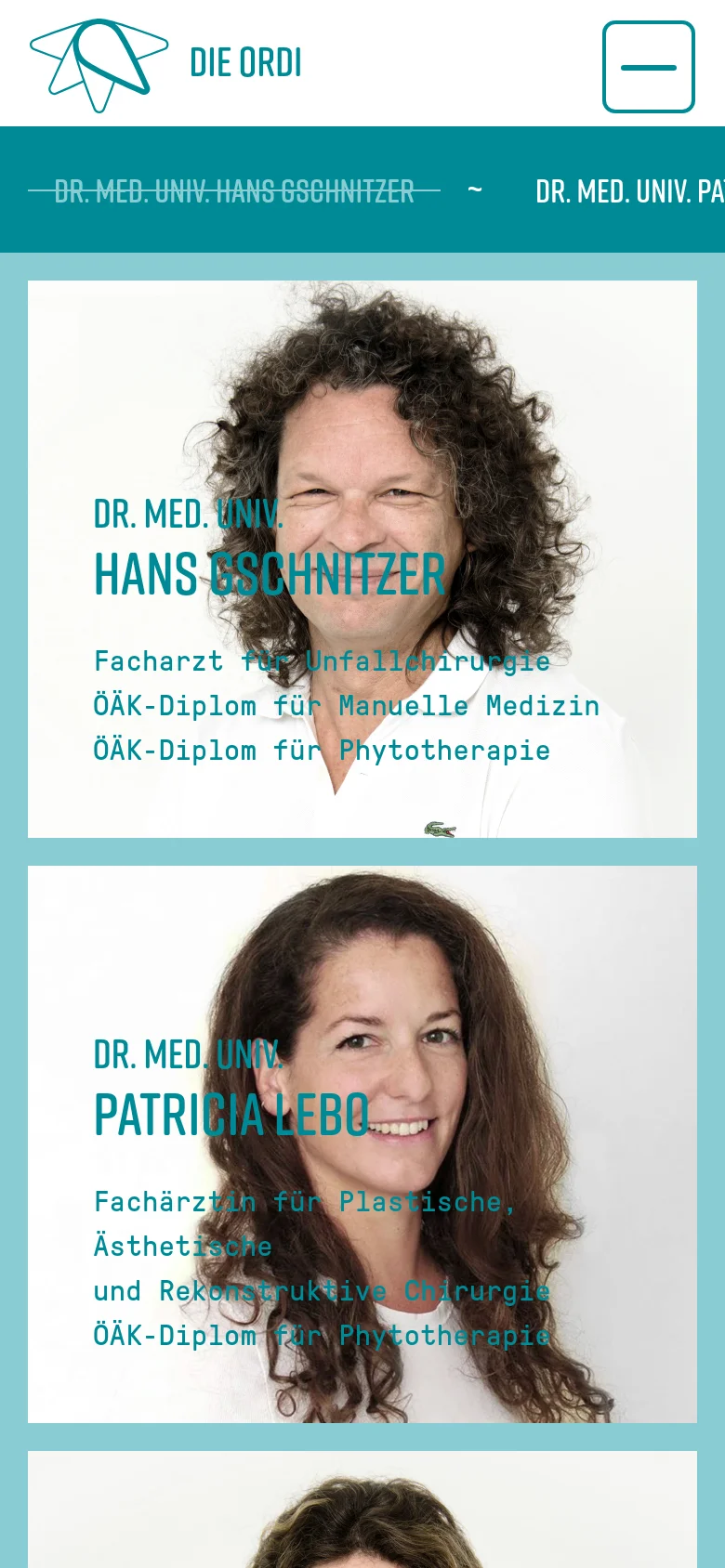 The mobile version uses a similar teal and white color scheme but features a condensed layout. The header includes a hamburger menu icon, and the team members are displayed as a vertical stack of large portrait cards with their names and credentials overlaid in teal text.