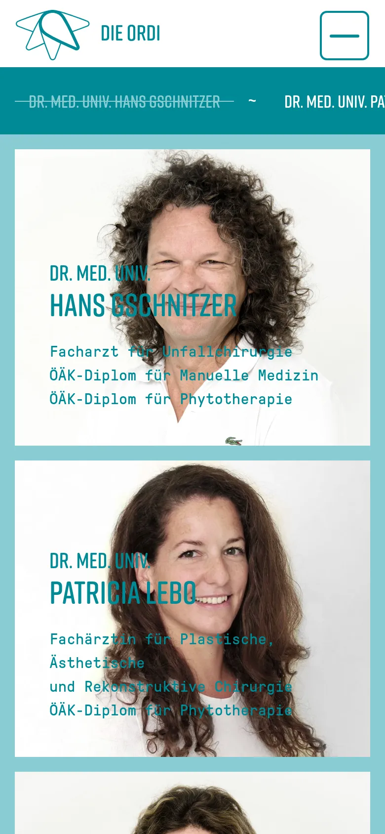 The mobile version uses a similar teal and white color scheme but features a condensed layout. The header includes a hamburger menu icon, and the team members are displayed as a vertical stack of large portrait cards with their names and credentials overlaid in teal text.