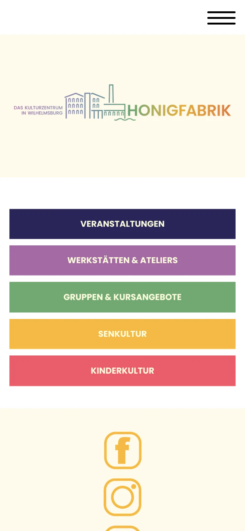 The mobile version displays the Honigfabrik logo at the top, followed by a vertical stack of large, colorful rectangular buttons for site navigation. These buttons include dark purple, lavender, green, yellow, and coral red, and a hamburger menu icon is visible in the header.