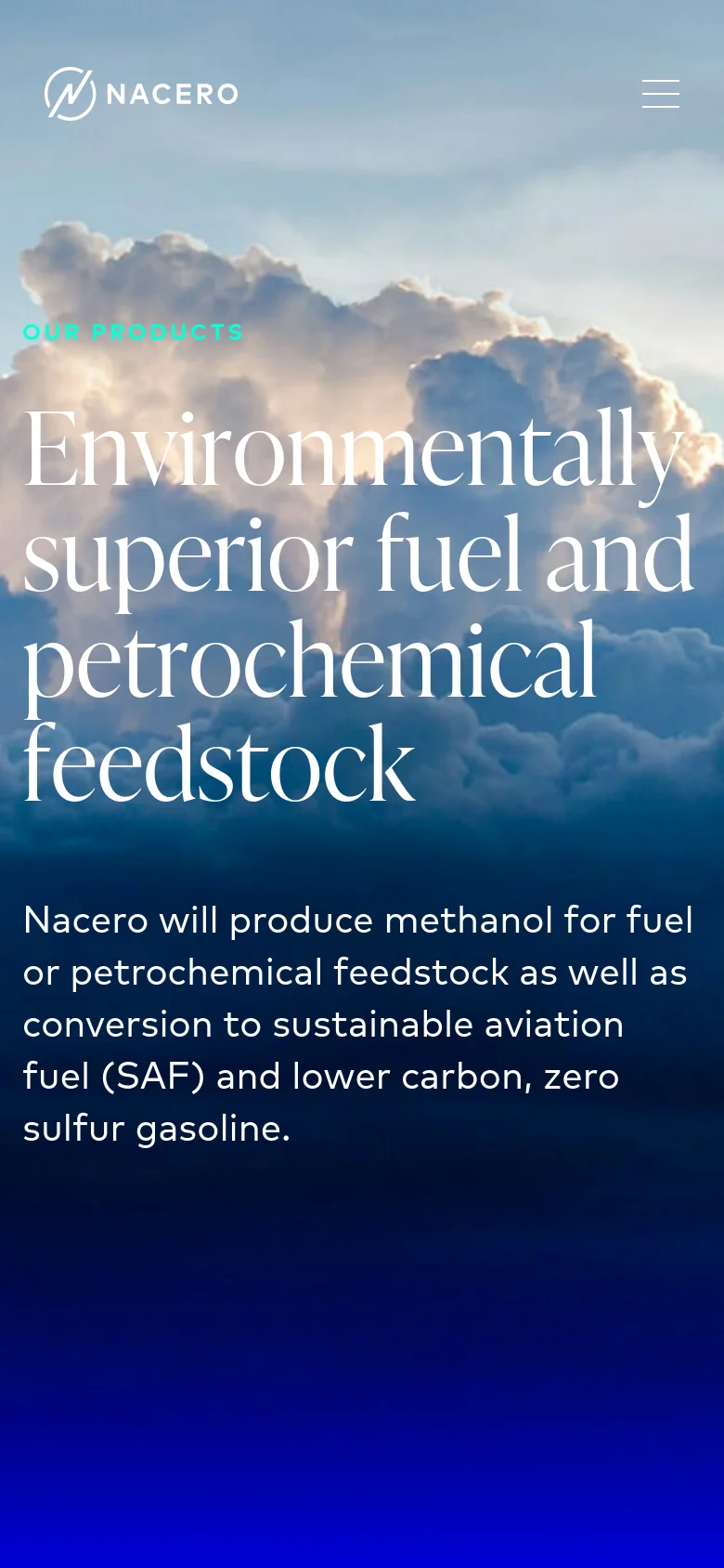 The mobile version simplifies the layout, replacing the horizontal navigation bar with a hamburger menu icon in the top right. The hero section remains centered, featuring the same cloud imagery and large white headline, but the text is scaled to fit the narrower vertical screen width.