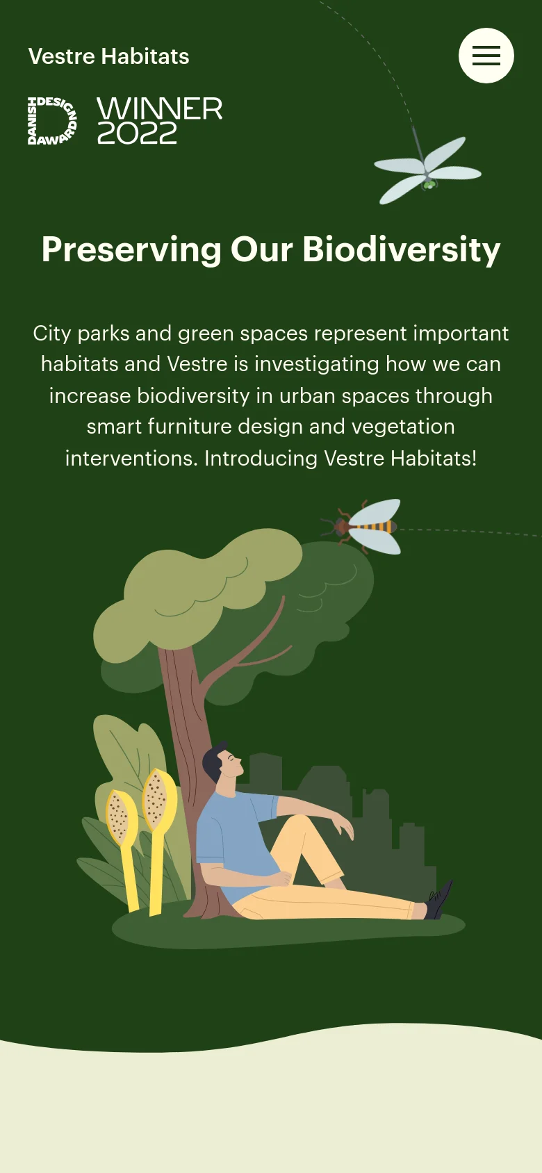 The mobile version maintains the dark green theme and hero illustration but rearranges the layout into a vertical stack. The headline and text are centered above the illustration, and the top navigation is condensed into a hamburger menu icon.