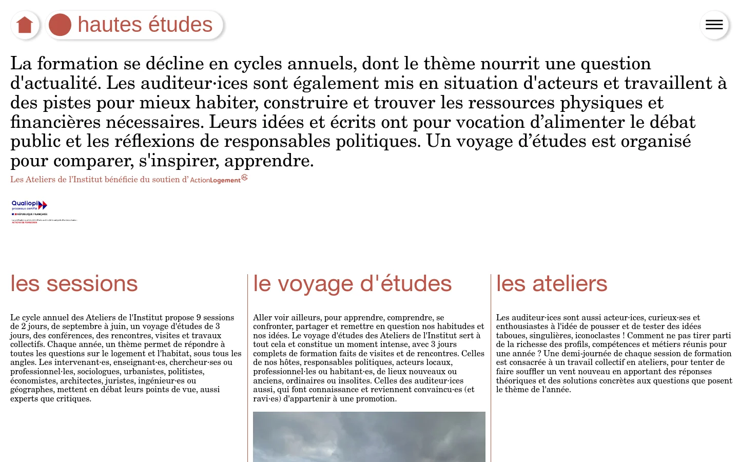 The desktop page features a clean, minimalist layout with a white background and dark serif typography. A large introductory text block is followed by three columns titled 'les sessions', 'le voyage d'études', and 'les ateliers', accompanied by a Qualiopi certification logo.