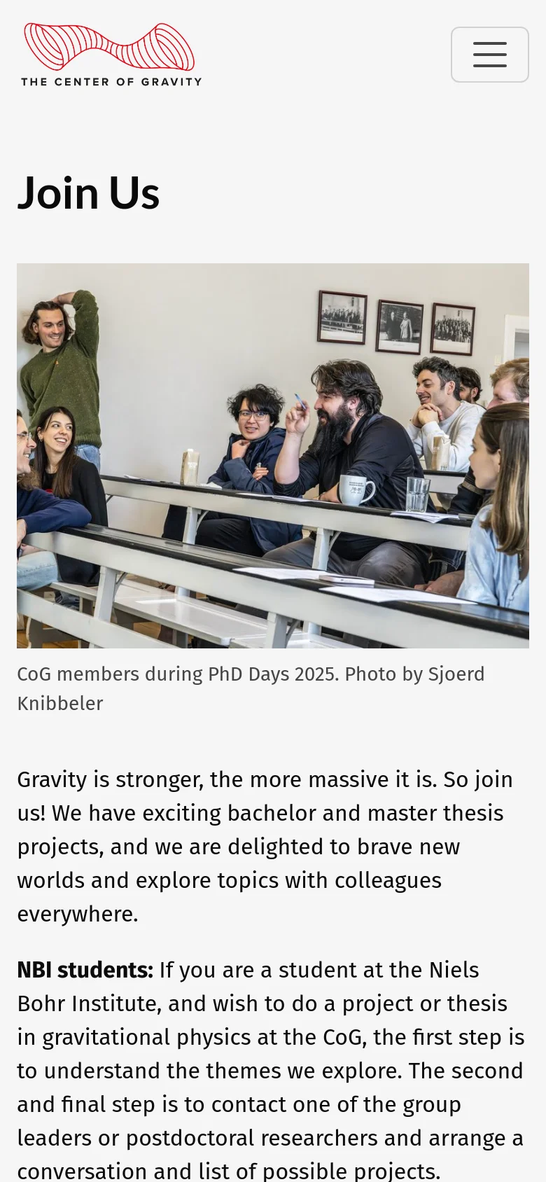 The mobile version displays a simplified layout with a hamburger menu icon on the right and the red logo centered at the top. The content follows a single-column vertical stack, starting with the 'Join Us' headline, the large group photo of researchers, and the descriptive text below.