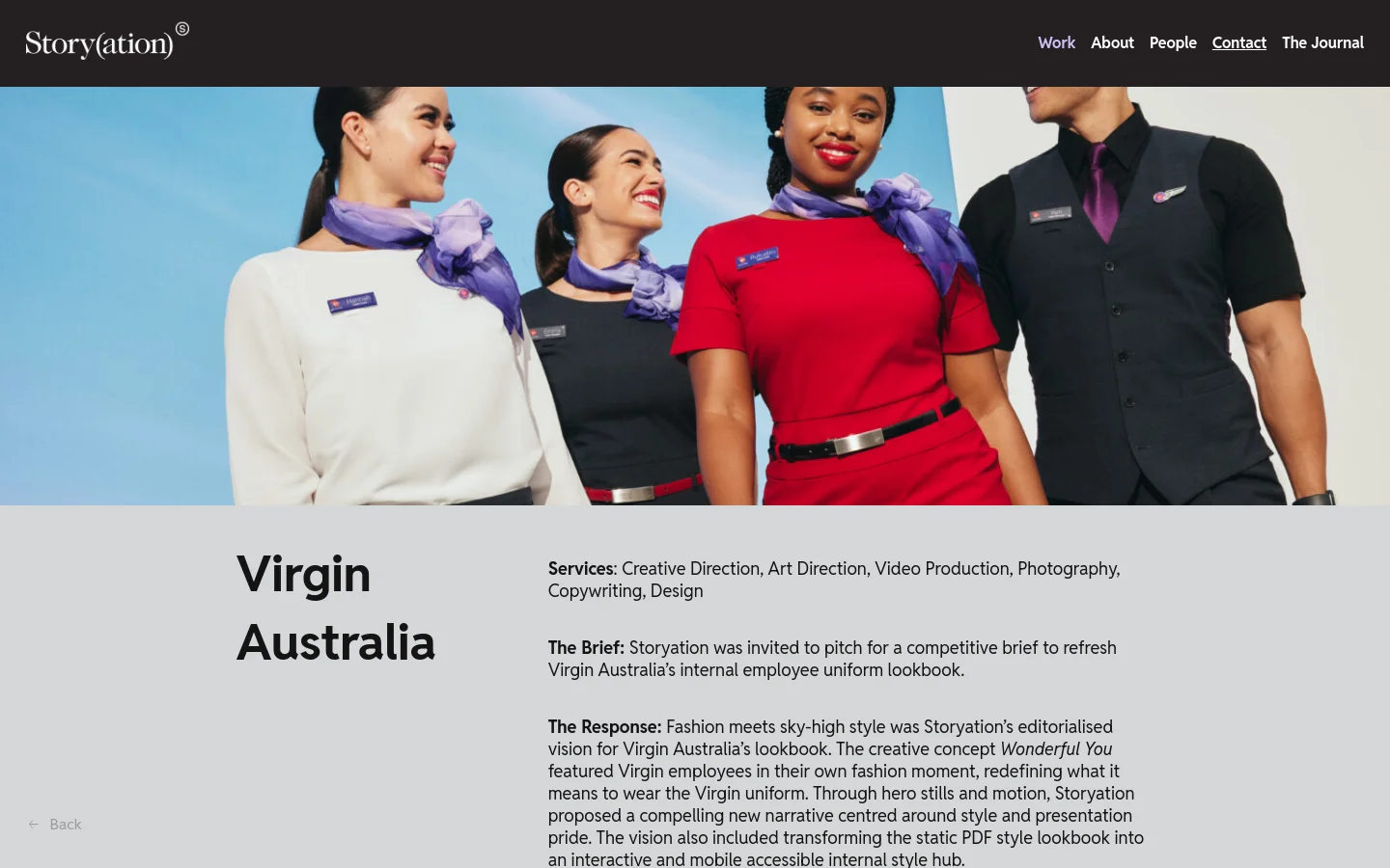The desktop page features a dark navigation bar with the Storyation logo and links, followed by a large hero image of four Virgin Australia employees in various uniforms smiling against a blue sky. Below the image, a clean white section displays the headline 'Virgin Australia' in large bold text, followed by detailed project information including services, the brief, and the response.