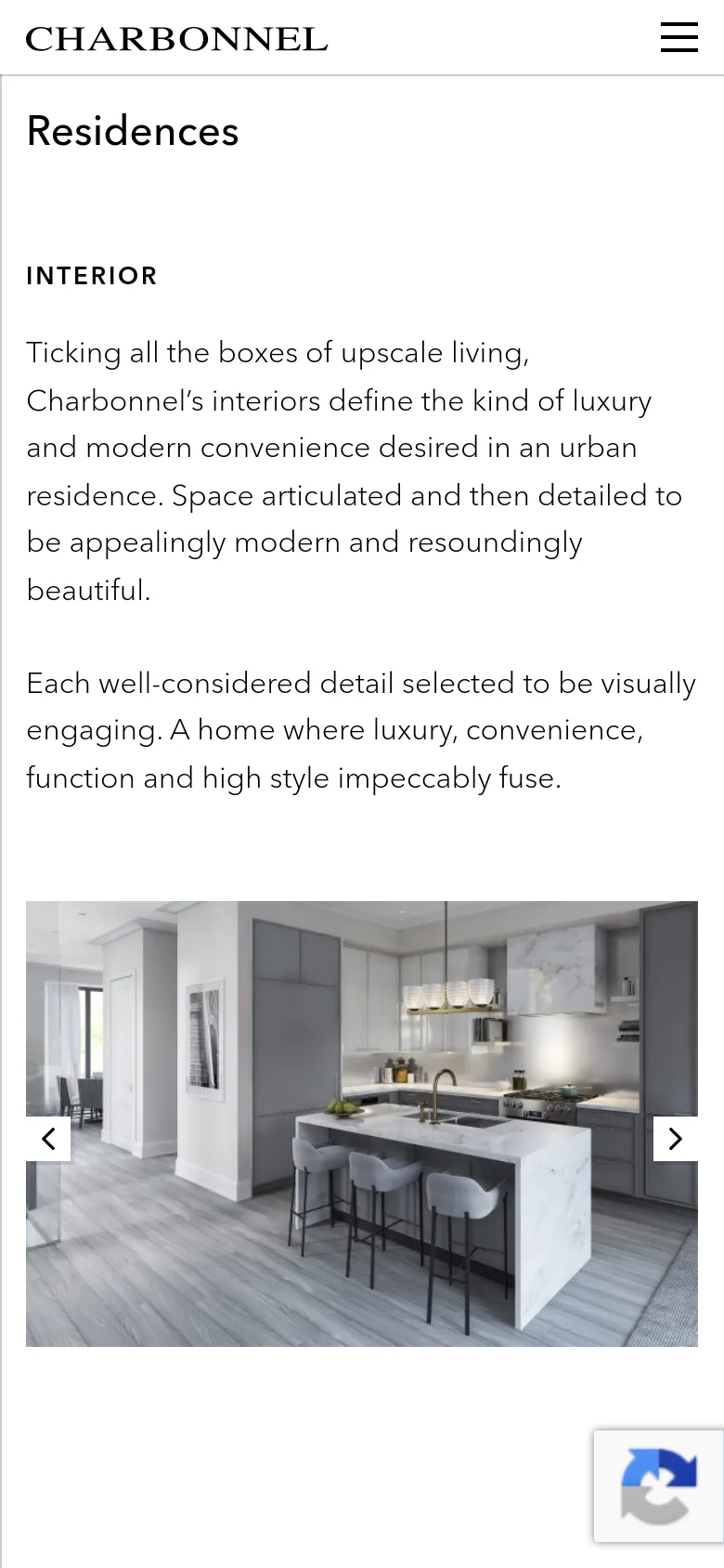 The mobile version presents a single-column layout with the 'Charbonnel' logo centered at the top and a hamburger menu icon on the right. The text content is stacked vertically above a full-width image carousel of a modern kitchen, which features navigation arrows on the left and right sides of the image.