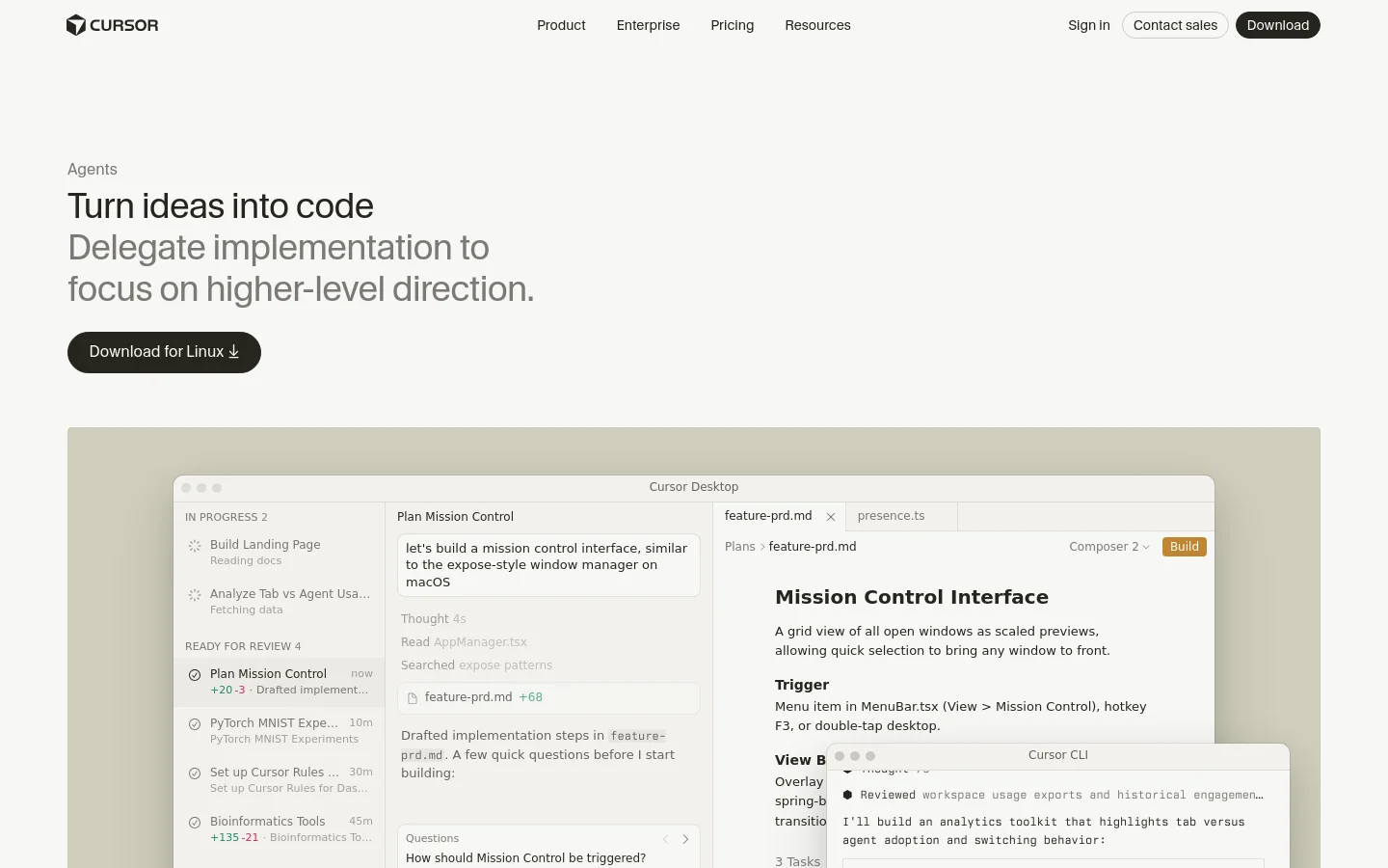 The desktop page features a minimalist white background with the headline 'Turn ideas into code' and a subheadline about delegating implementation. A dark 'Download for Linux' button is positioned below the text, followed by a large, detailed screenshot of the Cursor code editor interface showing AI agent activity and file structures. The navigation bar at the top includes links for Product, Enterprise, Pricing, and Resources, alongside 'Sign in' and 'Download' buttons.